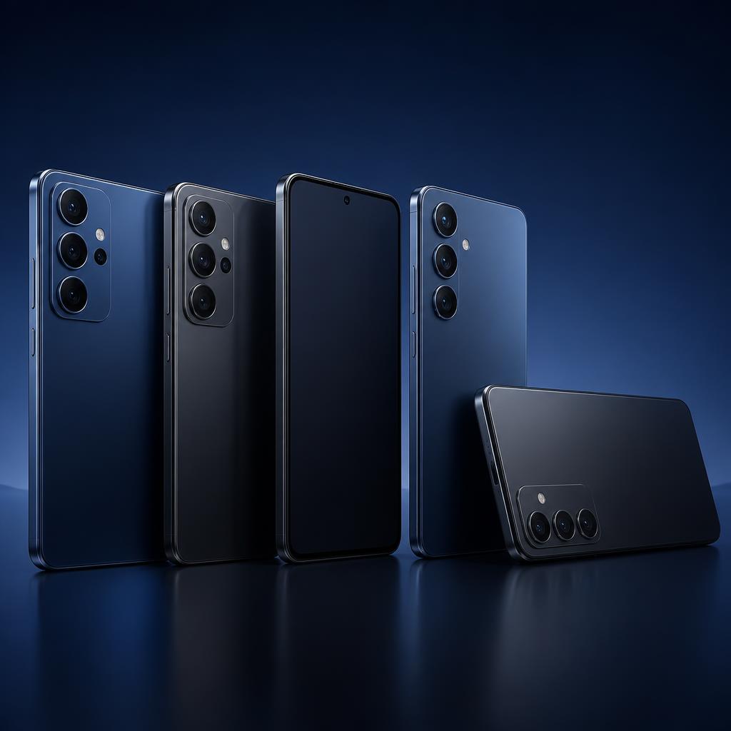 Premium smartphones arranged in a studio product display